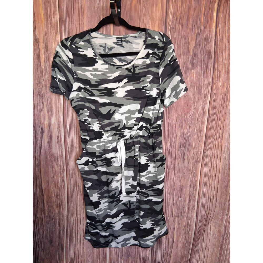 SHEIN Women's Large Camo Short Sleeve Drawstring Waist T-Shirt Mini Dress